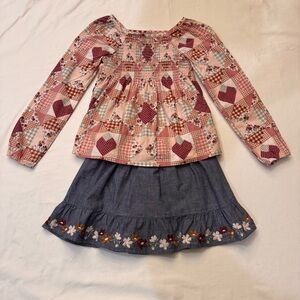 Gymboree 3 Piece Patchwork Set -L/S shirt, denim skort, and riding pants -Sz 6/7